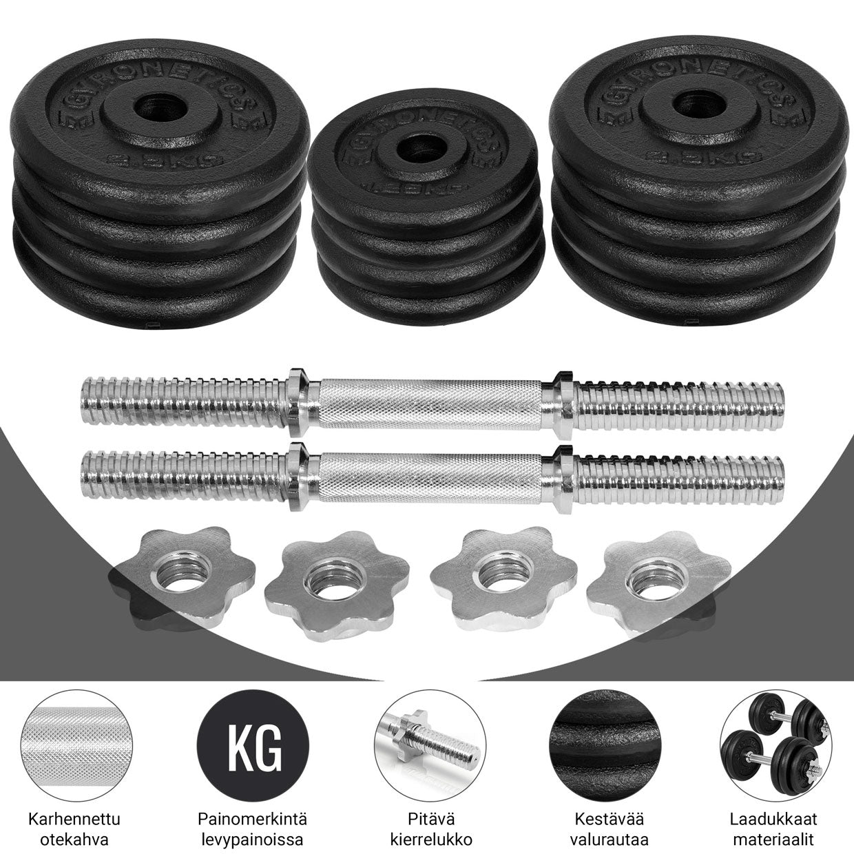 Valurautainen käsipainosetti 30 kg kierrelukoilla, 25mm