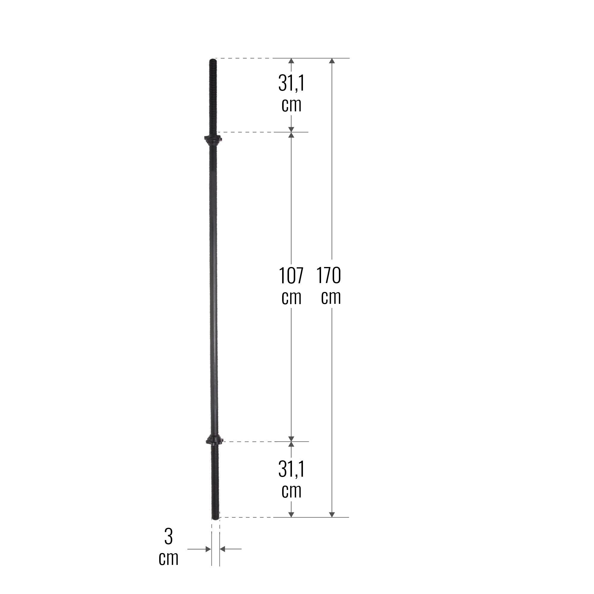 Suora levytanko 170 cm kierrelukoilla, 30 mm