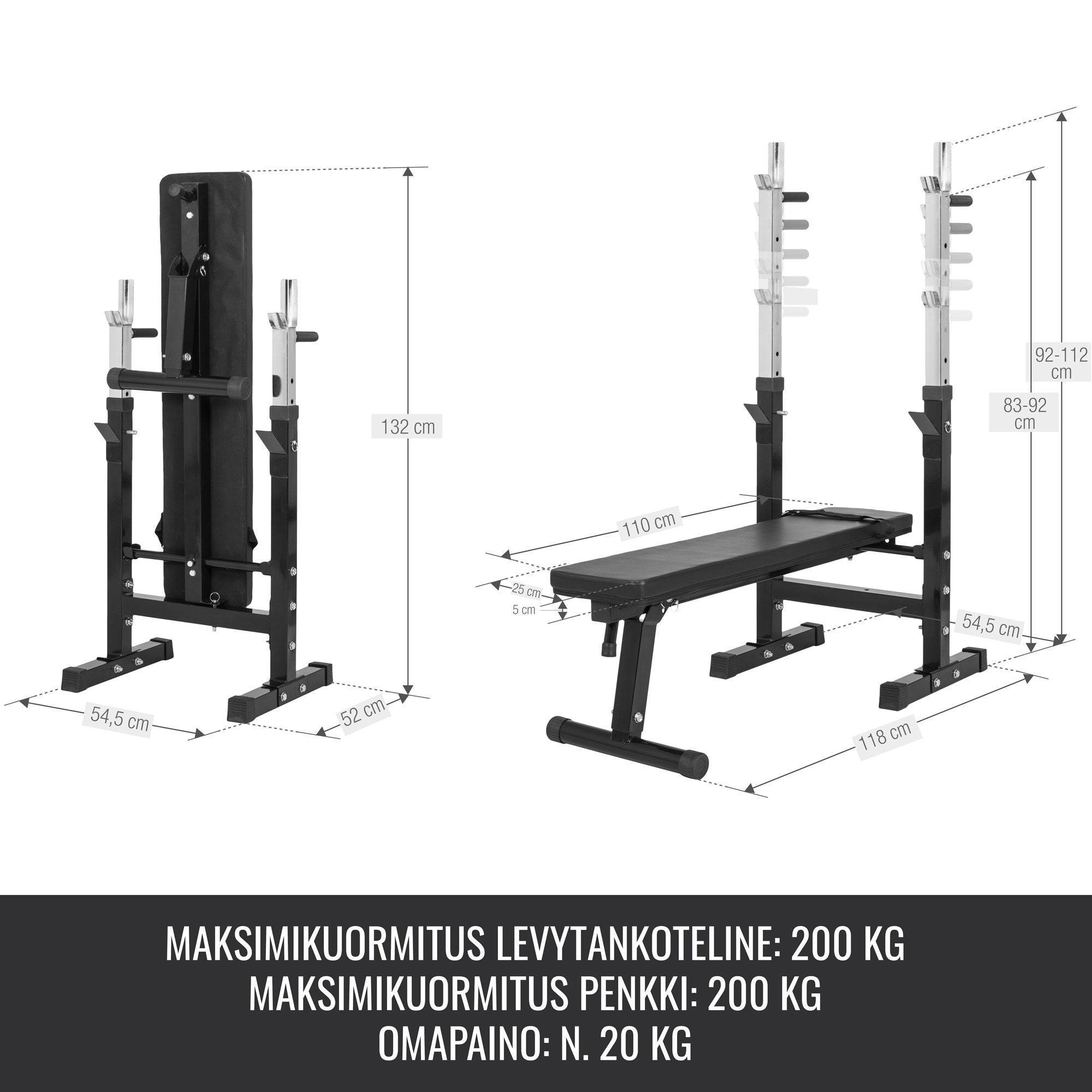 Säädettävä painonnostopenkki ja levytankosarja 100 kg